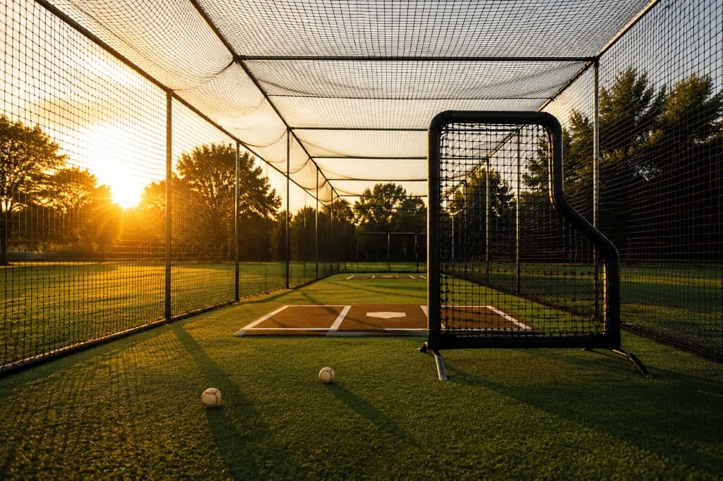 Indoor batting cage tunnel suited for a facility or training center